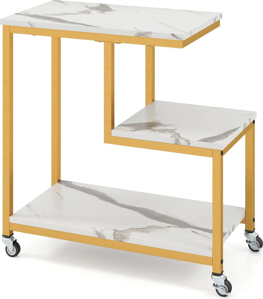 Beistelltisch mit Rollen - Sofatisch mit 3 Ablagen - Marmor-Optik - Holz - Kompakt für Wohn-/Schlaf-/Arbeitszimmer - Weiß
