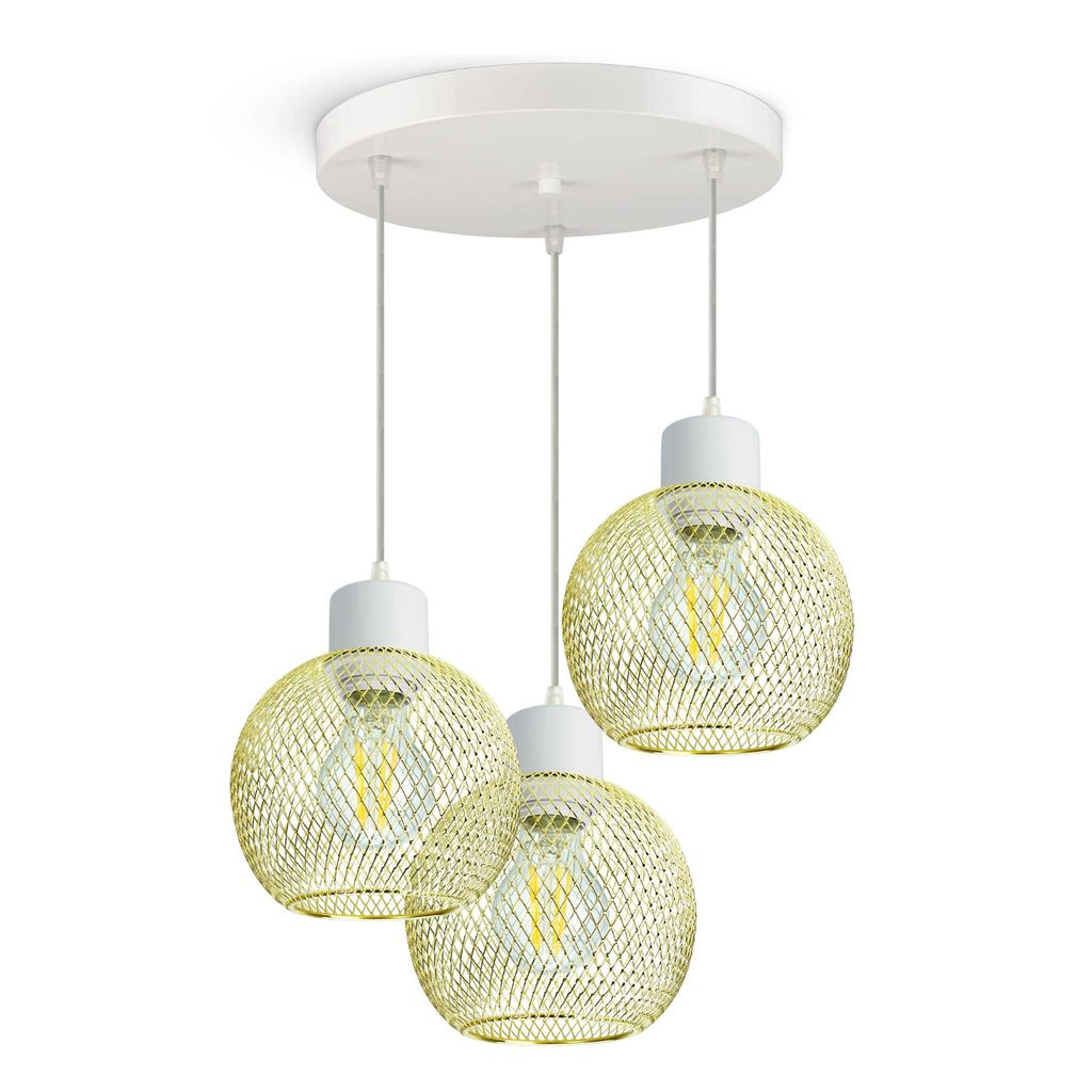 LUXOLAR Pendelleuchten E27 60 W mit Netz 3 flammig Gold-Weiß - Deckenlampe für Wohnzimmer, Küchen