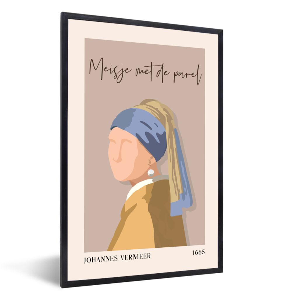 MuchoWow Gerahmtes Poster Mädchen mit einem Perlenohrring - Rosa - Alte Meister - Vintage 40x60 cm - Poster mit Schwarzem Bilderrahmen Wandposte...