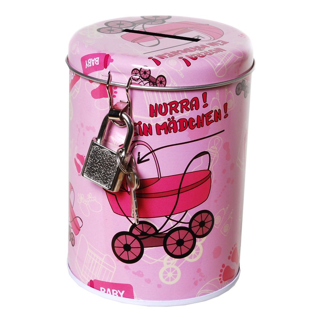 1 SPARDOSE MIT SCHLOSS & SCHLÜSSEL " Hurra ! Ein Mädchen " Geburt Baby Party