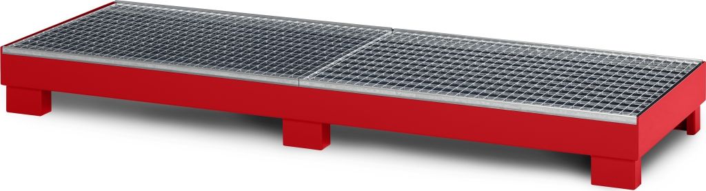 RR Industrietechnik Auffangwanne aus Stahl für 4x 200 Liter Fass mit Gitterrost BxTxH 2400x800x240 mm RAL 3000 feuerrot