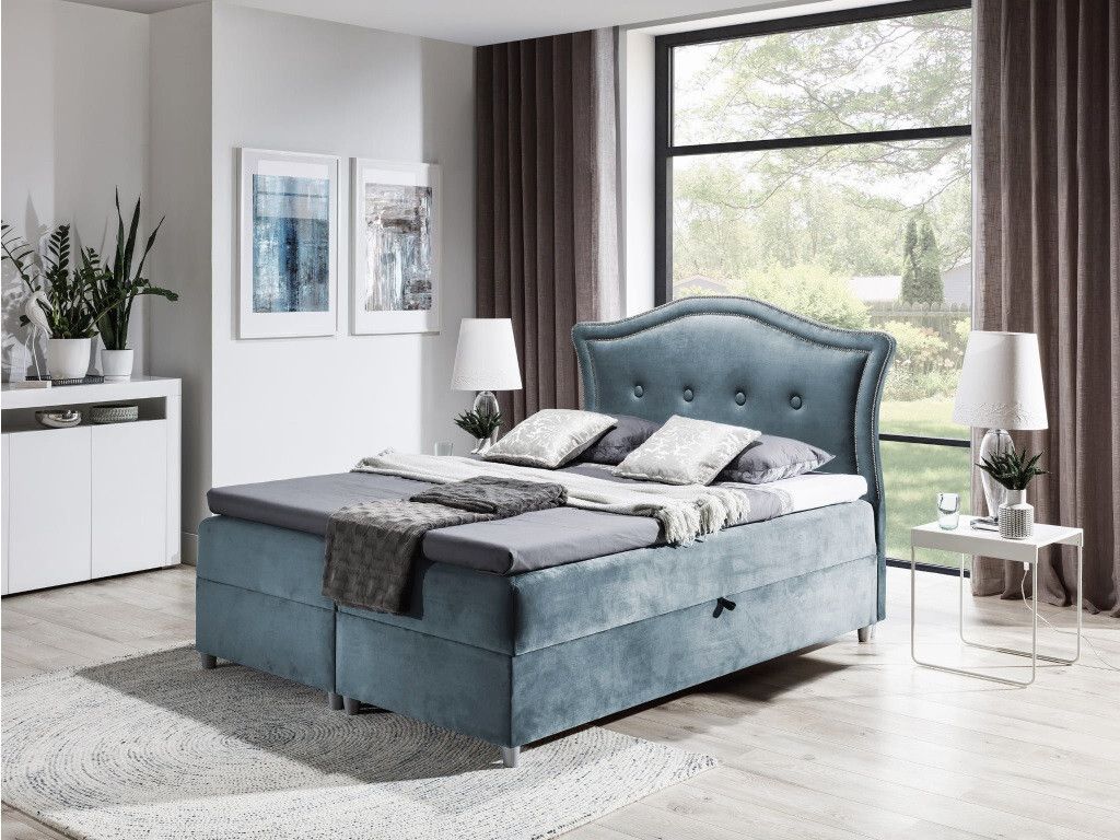 Elegantes rustikales Bett Bradley 160x200, graublau + TOPPER