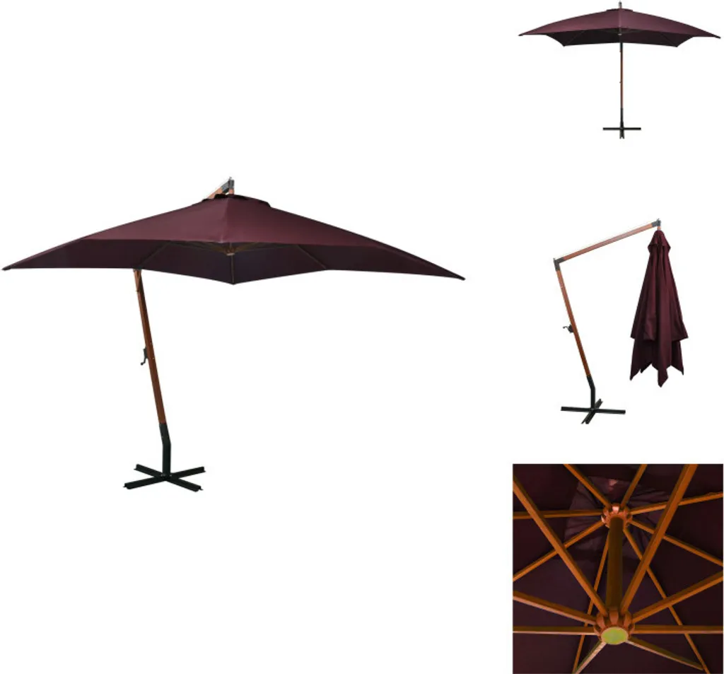 Grand parasol carré 3x3 m en bois de sapin et toile bordeaux élégante