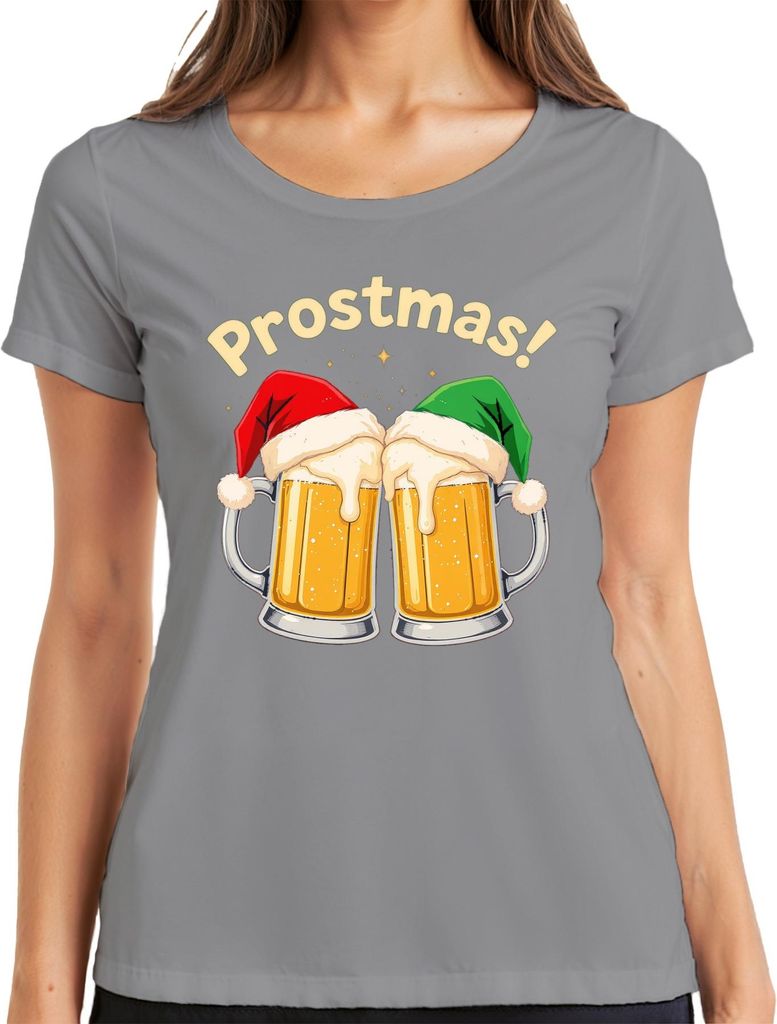 Prostmas Bierkrug Bier Weihnachten lustig Geschenk Party Vintage Damen T-Shirt, Grau, M