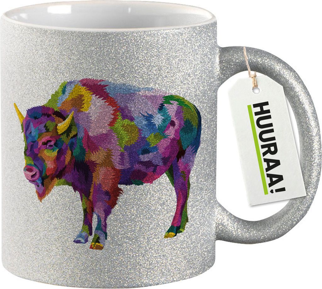 Huuraa Glitzertasse Bison Colorful 330ml Silber Keramik Kaffeebecher Geschenkidee