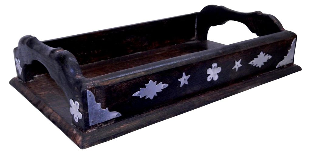 Rustikales Tablett aus Holz 38x24x10cm mit Metallbeschlägen