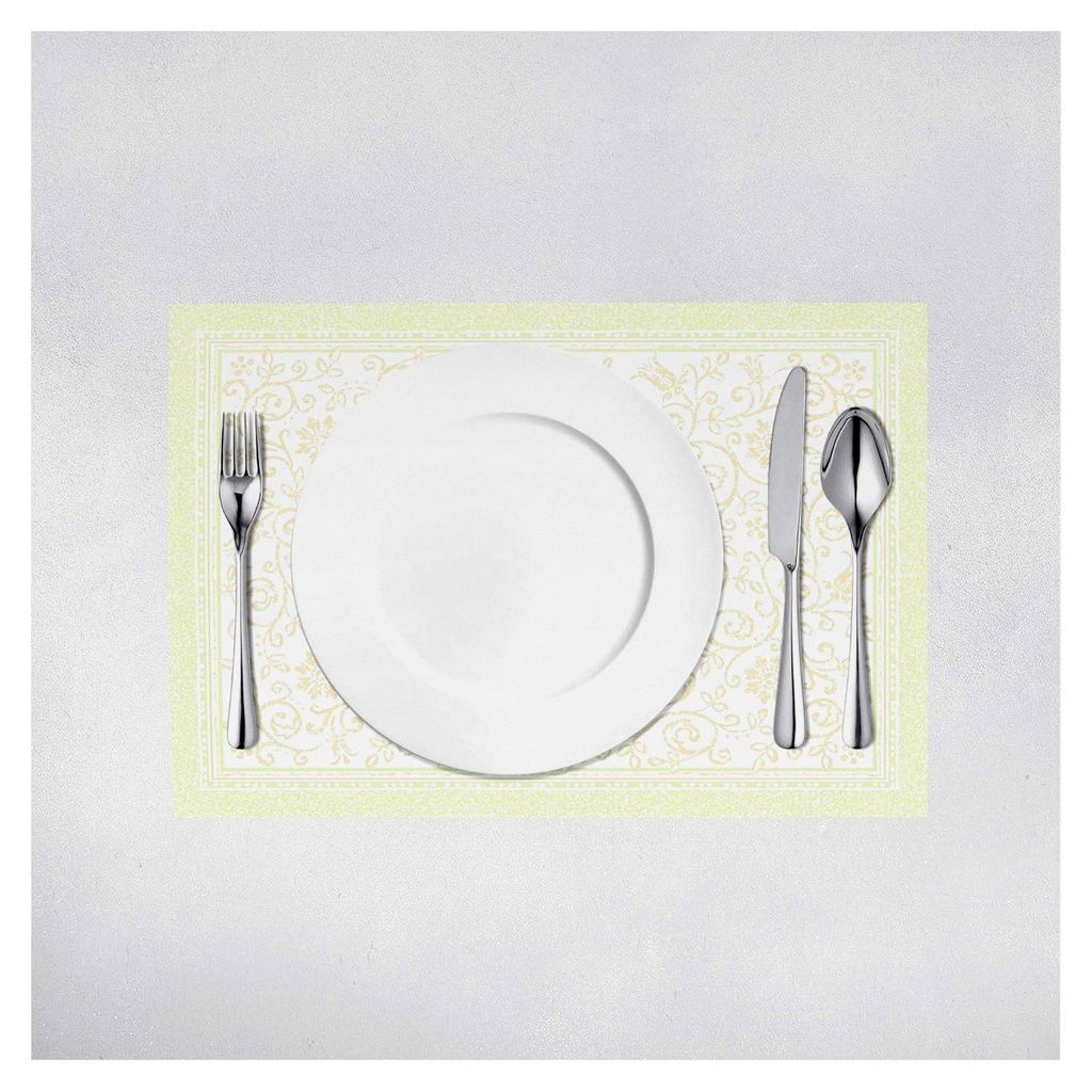 Airlaid Tischset Lara in Grün, 40 x 30 cm, 100 Stück – Platzset mit grüner Umrandung und weißen Blütenornamenten