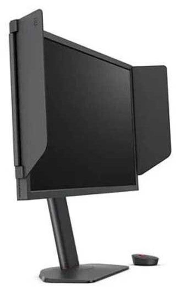 A black computer monitor with side shields on a black stand, with a small black device in the foreground.
