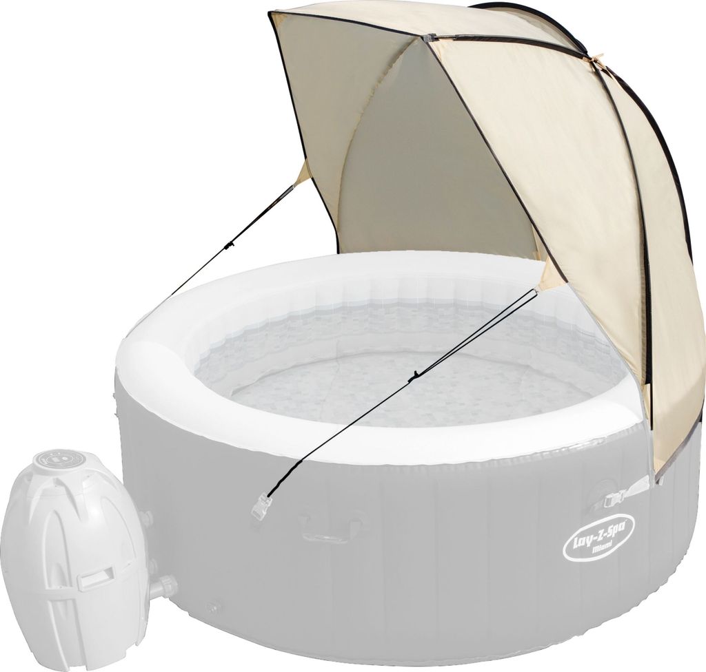 A beige sunshade canopy is attached to a white inflatable hot tub. A white pump is visible to the left of the hot tub.