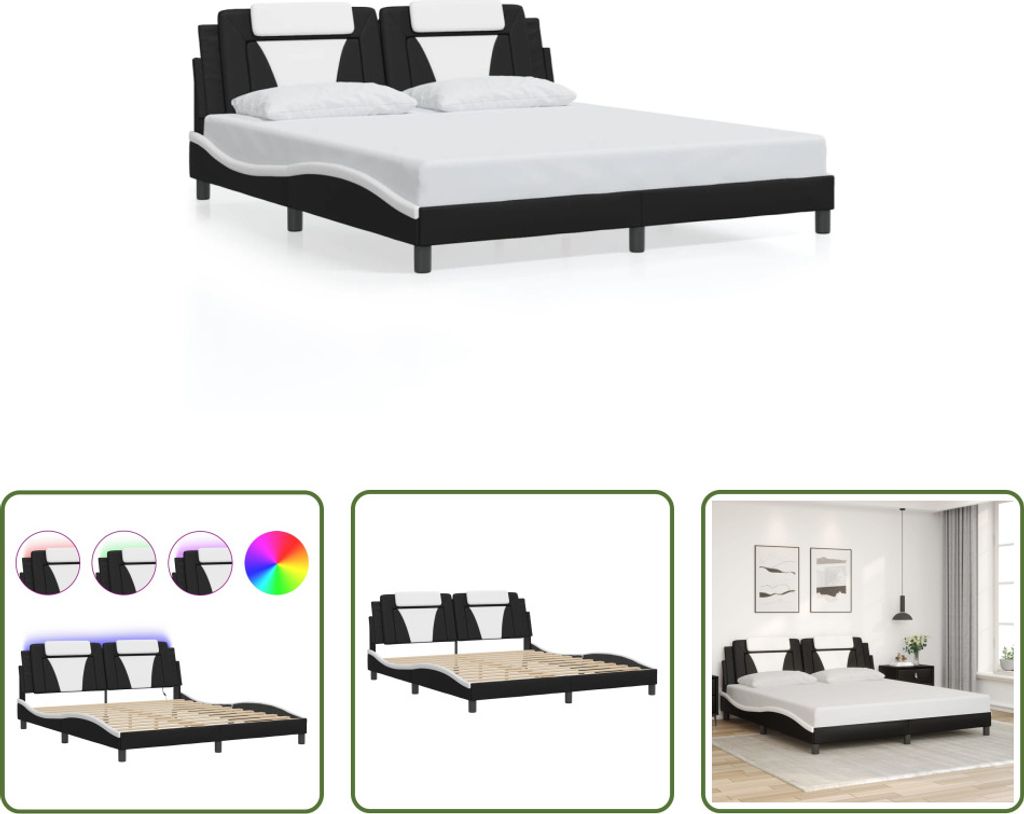 The Living Store Bettgestell mit LED Schwarz und Weiß 180x200 cm Kunstleder