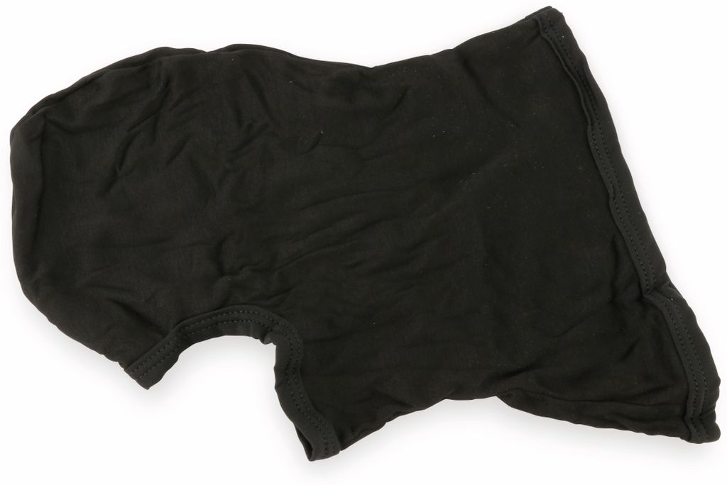 A black balaclava is laid out on a white background.