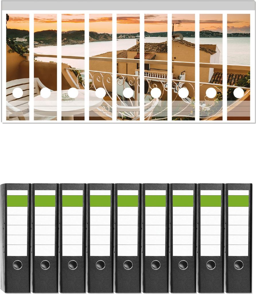 Wallario 9 Stück breite Ordner inkl. Klebeetiketten mit Motive Sommer in Spanien - Ausblick von einer schönen Terrasse auf das Meer - Set mit R...