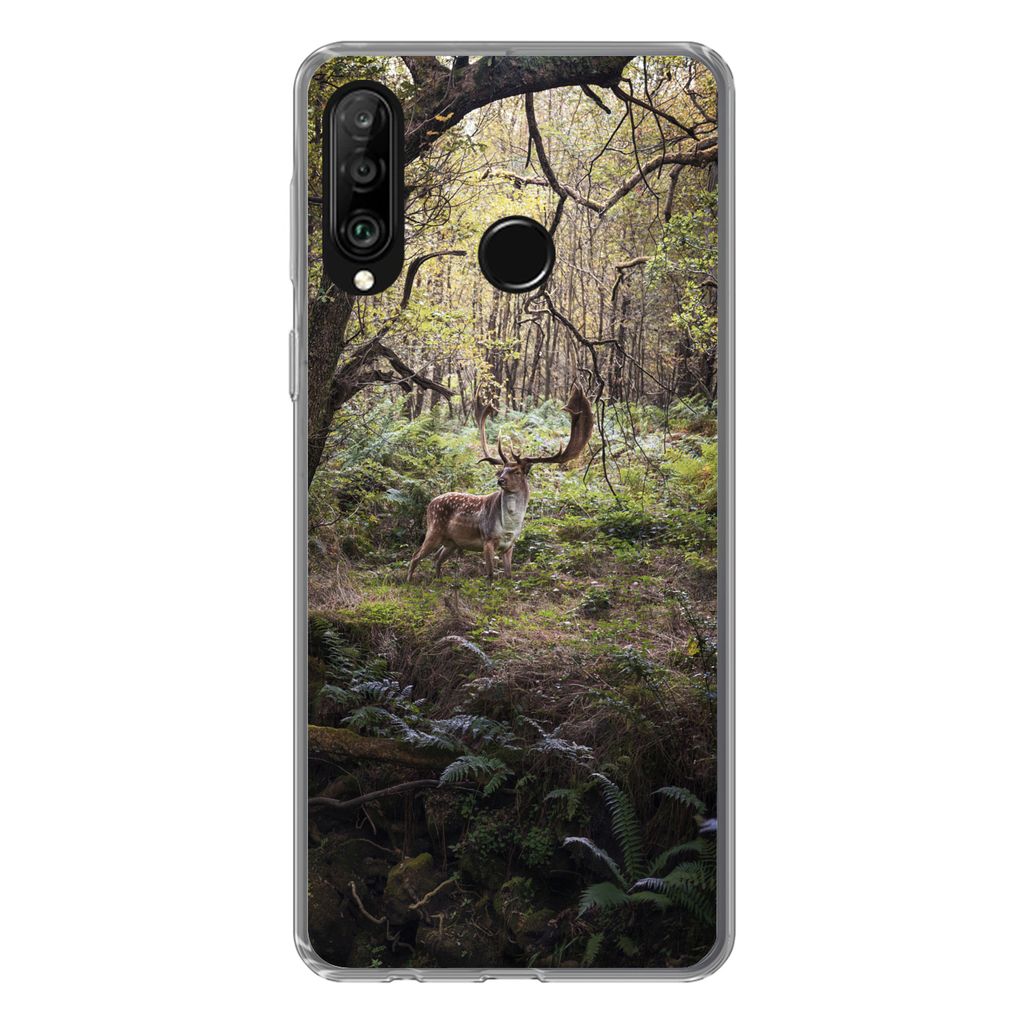 MuchoWow Handyhülle Schutzhülle Hülle für Huawei P30 Lite Waldtier - Hirsch - Sonne Silikon Softcase Handy Hülle - Handyhülle