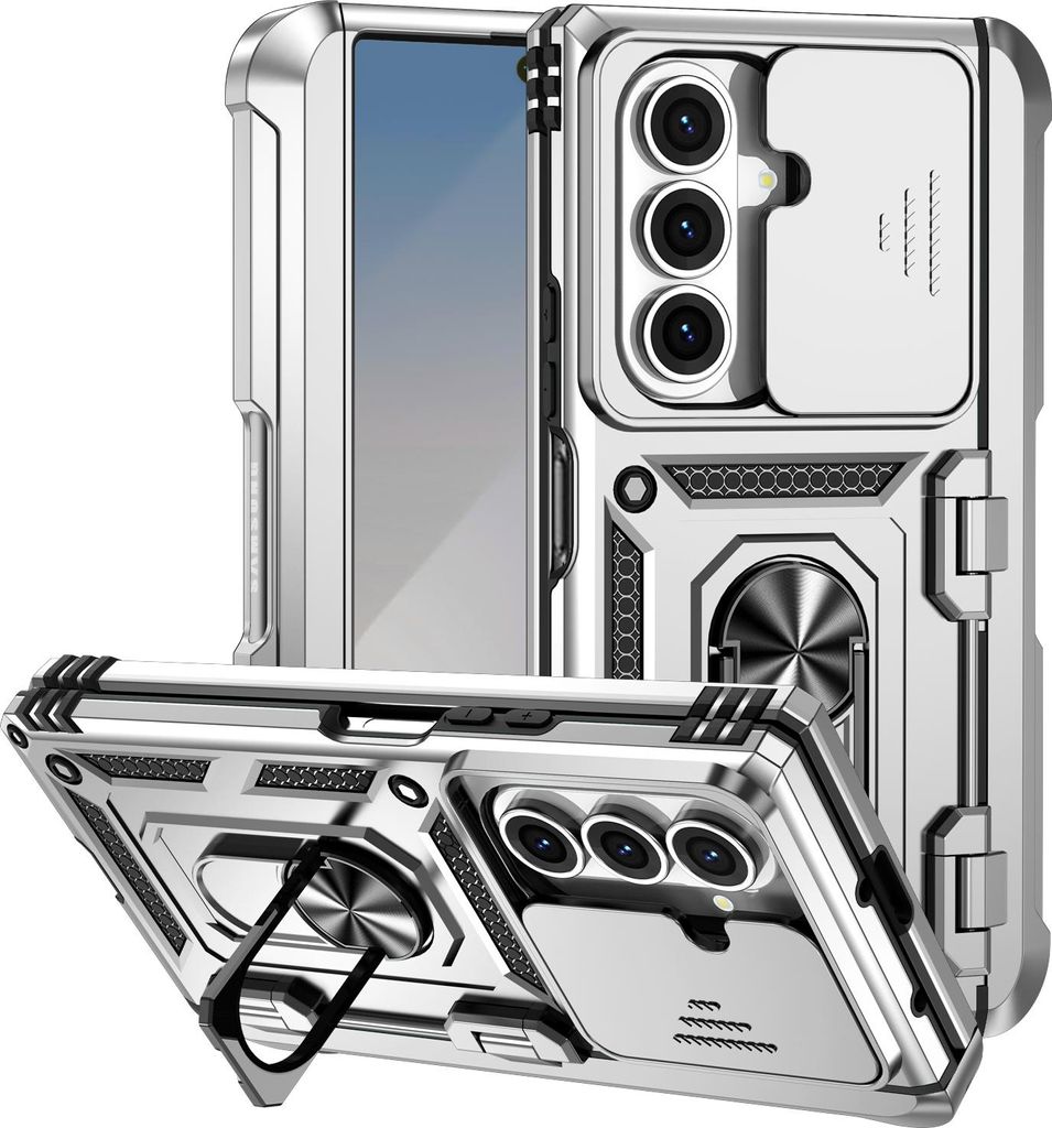 Hülle für Samsung Galaxy Z Fold 7 Hybrid Schutzhülle mit Ring Ständer, Scharnierabdeckung und Schiebbarer Kameraabdeckung Silber