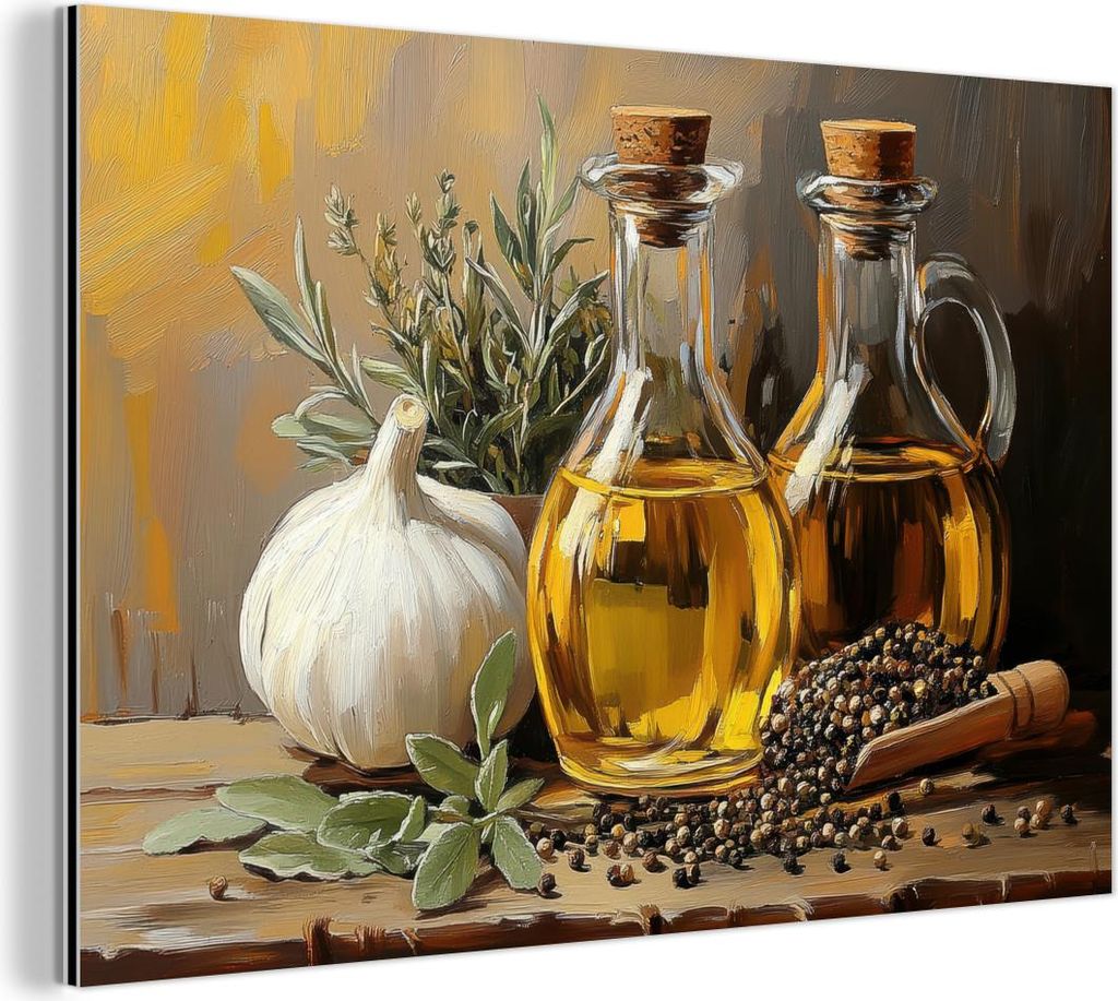 MuchoWow Wanddekoration Metall Metallbild Wandkunst 150x100 cm Stilleben - Olivenöl - Knoblauch - Kräuter MuchoWow Aluminium Gemälde - Alu Dibon...