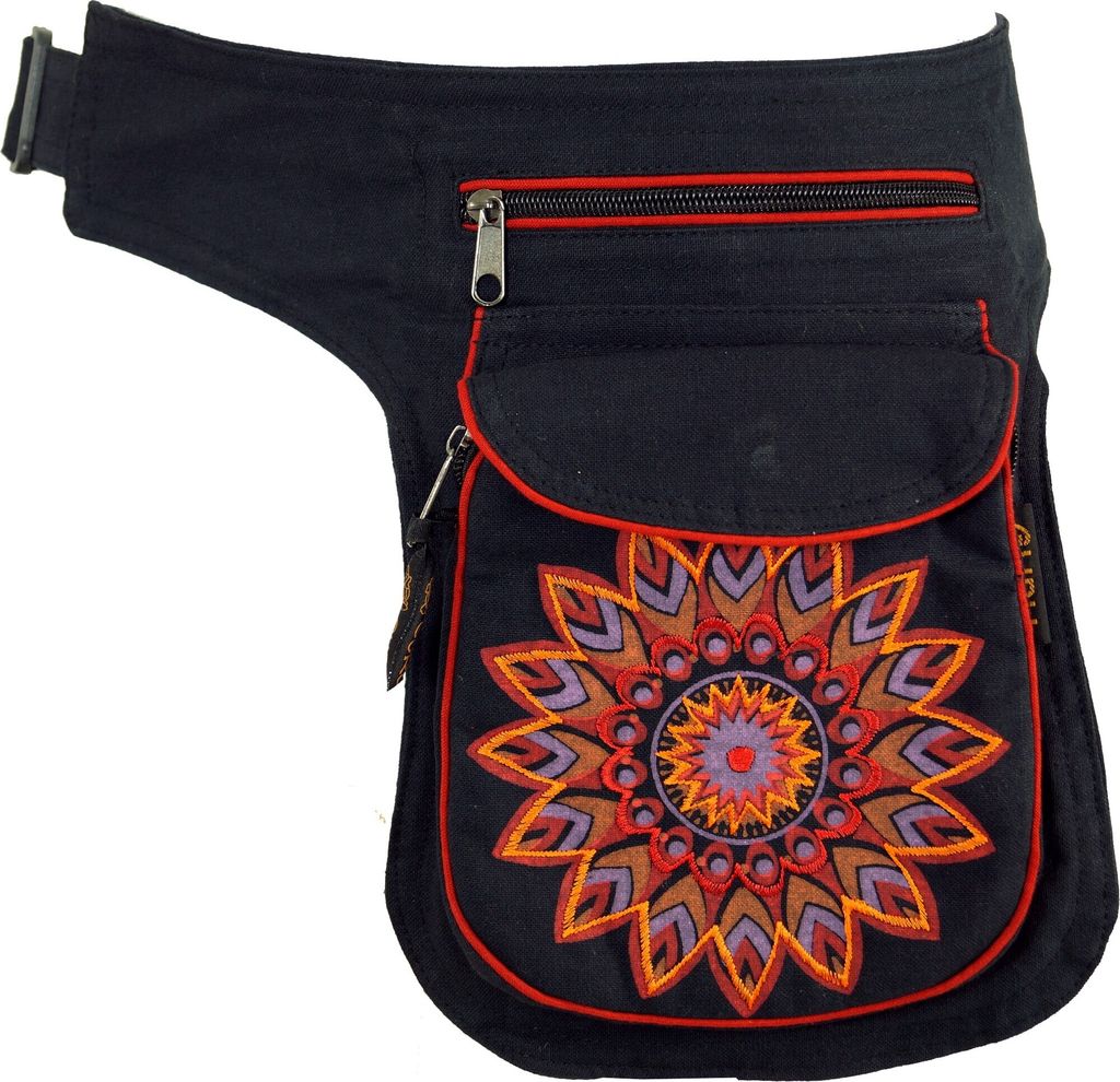 Stoff Sidebag & Gürteltasche Mandala, Goa Gürteltasche, Bauchtasche - Rot, Uni - Erwachsene, Schwarz, Baumwolle, 27*20*3 cm, Festival- Bauchtasch...