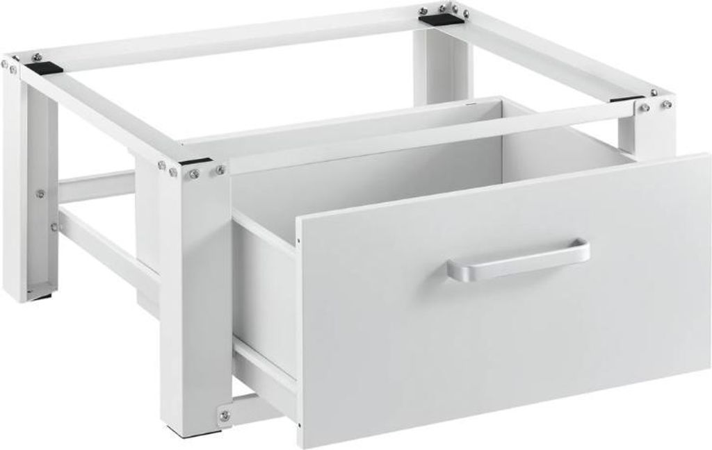 A white metal cabinet with a drawer, designed to be placed under a washing machine.