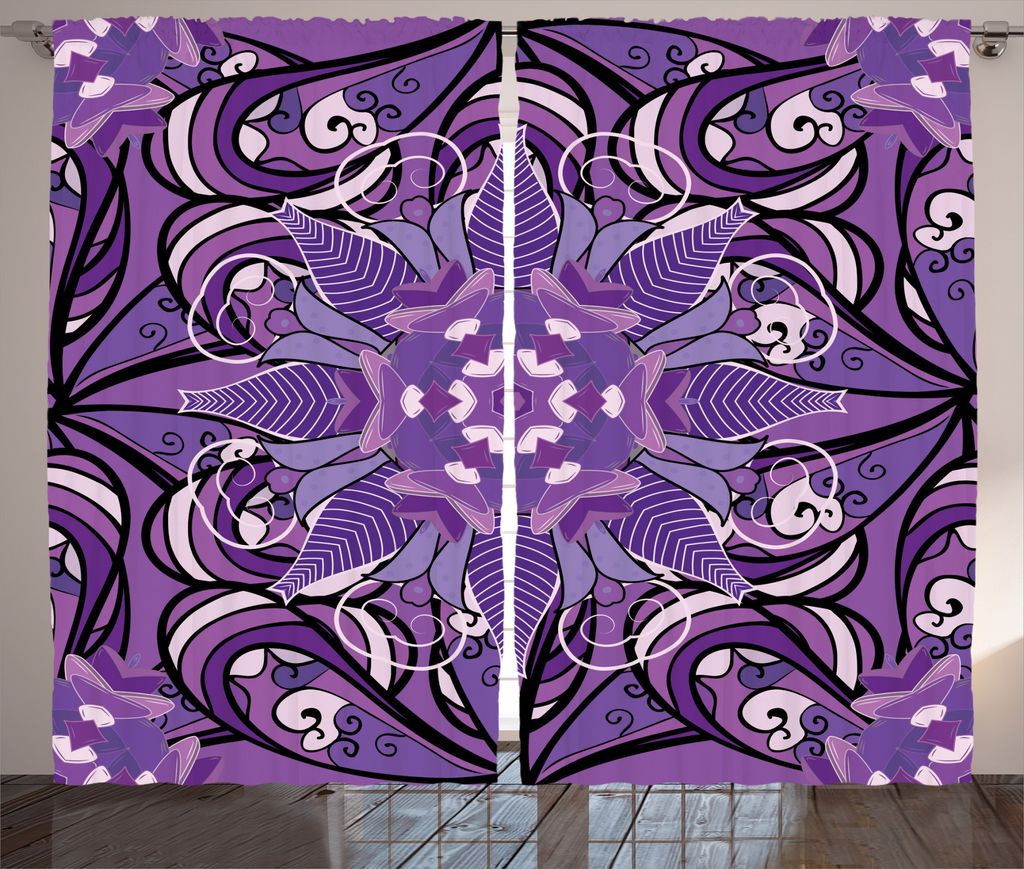 ABAKUHAUS Jahrgang Rustikaler Gardine, Mandala Mehndi Motiv, Schlafzimmer Kräuselband Vorhang mit Schlaufen und Haken, 280 x 225 cm, Lavendel Viol...