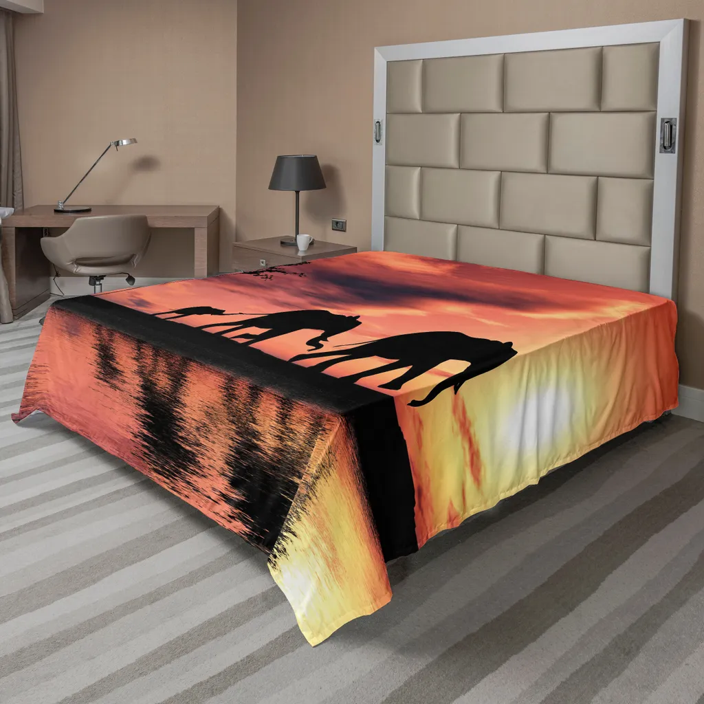 Drap plat décoratif éléphants d'Afrique pour lit double XXL marron