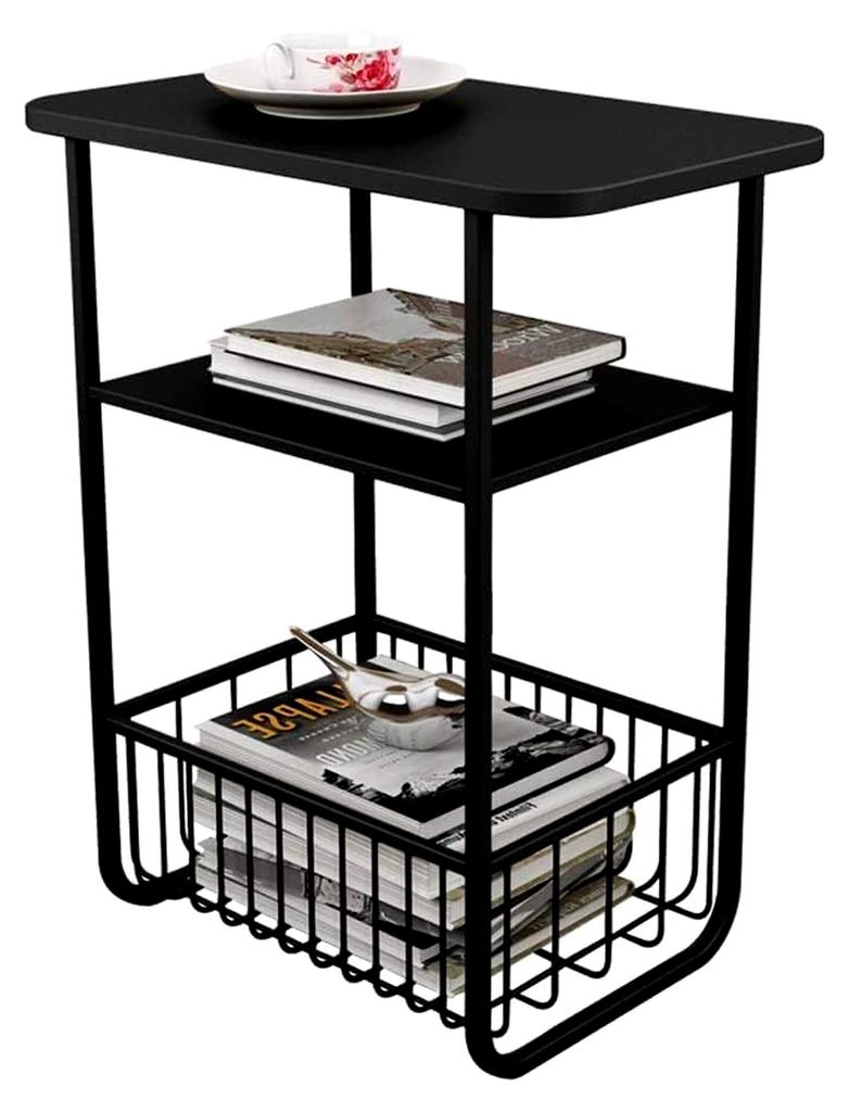 3-stöckiger nordischer Tisch mit Netz-Aufbewahrungskorb, Nachttisch, Beistelltische aus Schmiedeeisen, schwarze rechteckige Satztische