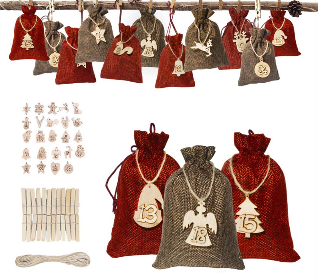 A collection of small fabric bags with wooden ornaments, arranged in two rows.