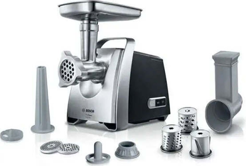 A Bosch meat grinder with various attachments is displayed on a white background.