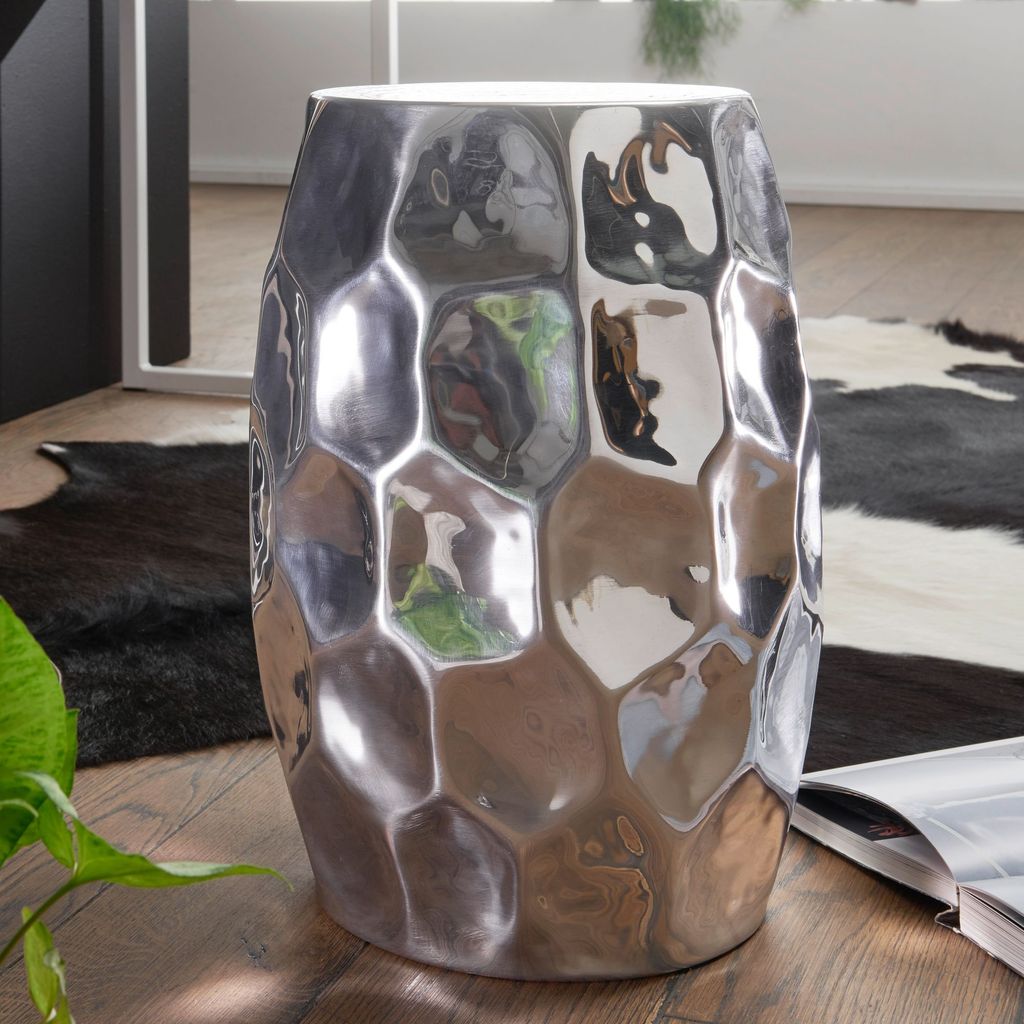 FineBuy Design Beistelltisch rund 30 cm Metall silber - Orientalischer Wohnzimmertisch Hammerschlag Aluminium - Kleiner Couchtisch - Dekotisch Alu