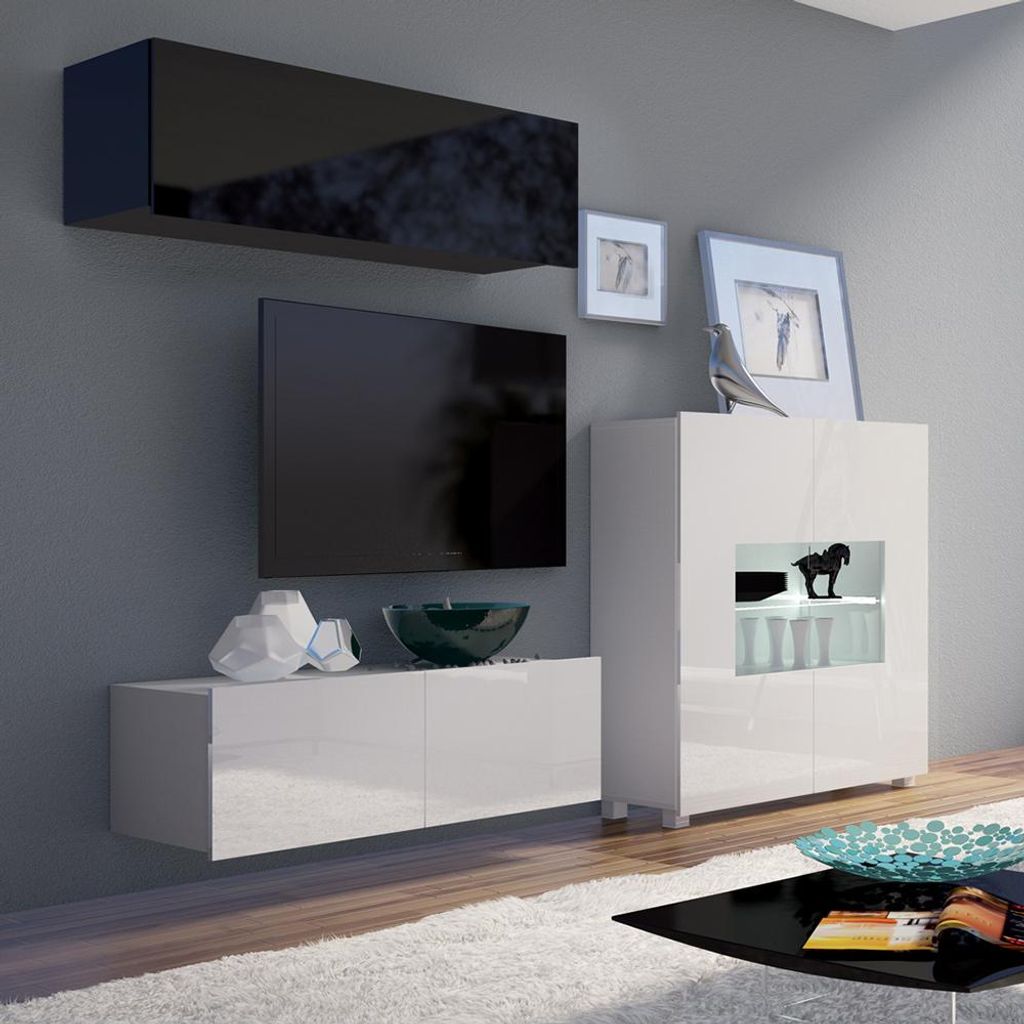 Wohnzimmer Möbel Set mit LED Beleuchtung in schwarz & weiß Hochglanz CAIRNS-132, B/H/T ca. 215/200/43 cm