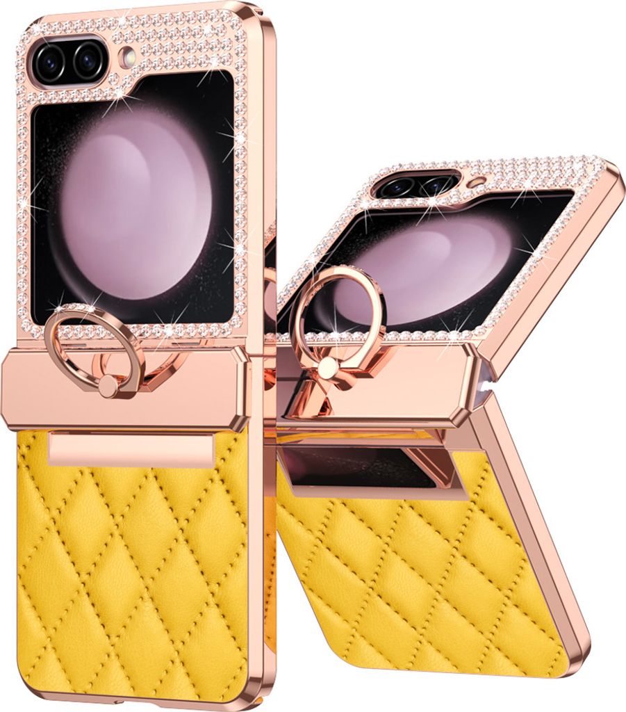 Leder Hülle für Samsung Galaxy Z Flip 5 mit Ringhalterung, Luxus Glitzer Bling Überzug Scharnierschutz Handyhülle Gelb