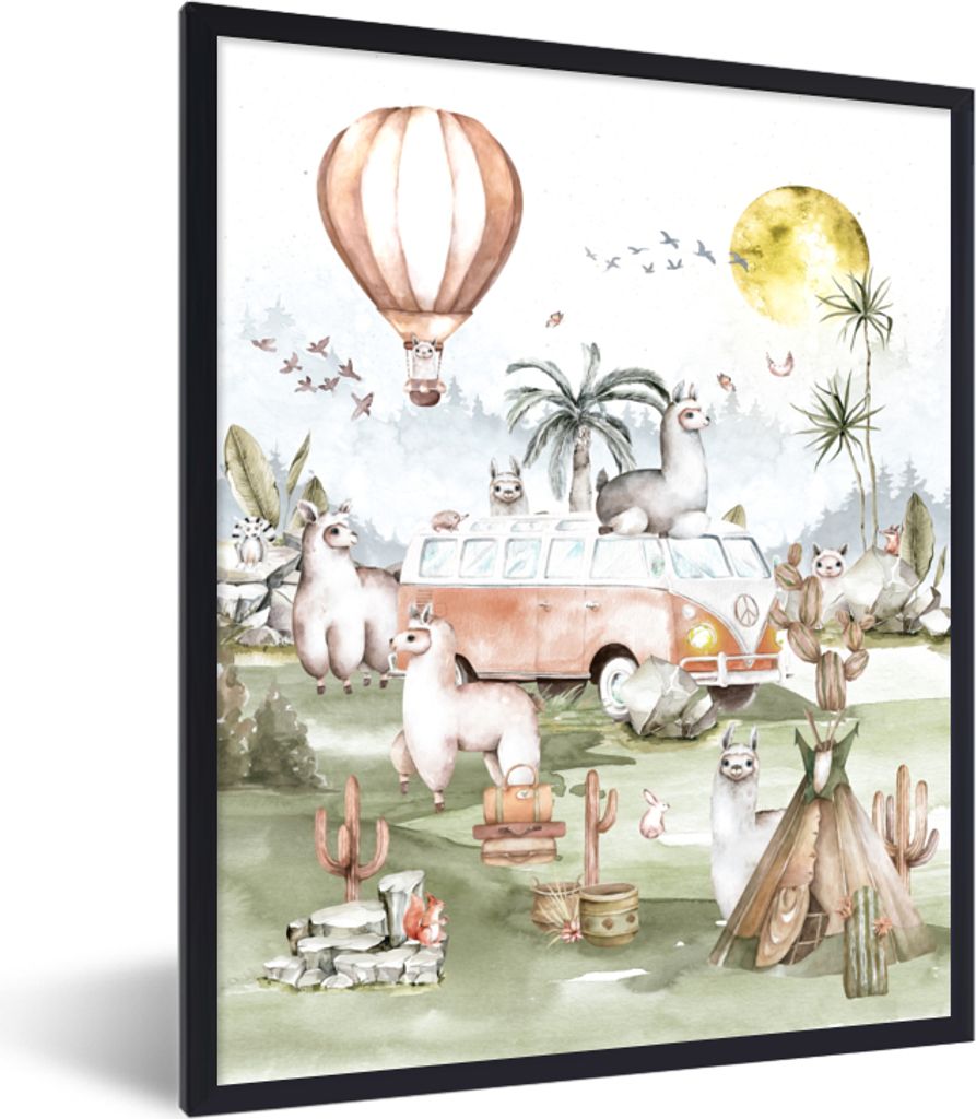 MuchoWow Gerahmtes Poster Alpaka - Tiere - Kinder - Heißluftballon - Kinder 30x40 cm - Poster mit Schwarzem Bilderrahmen Wandposter Rahmen Foto ...