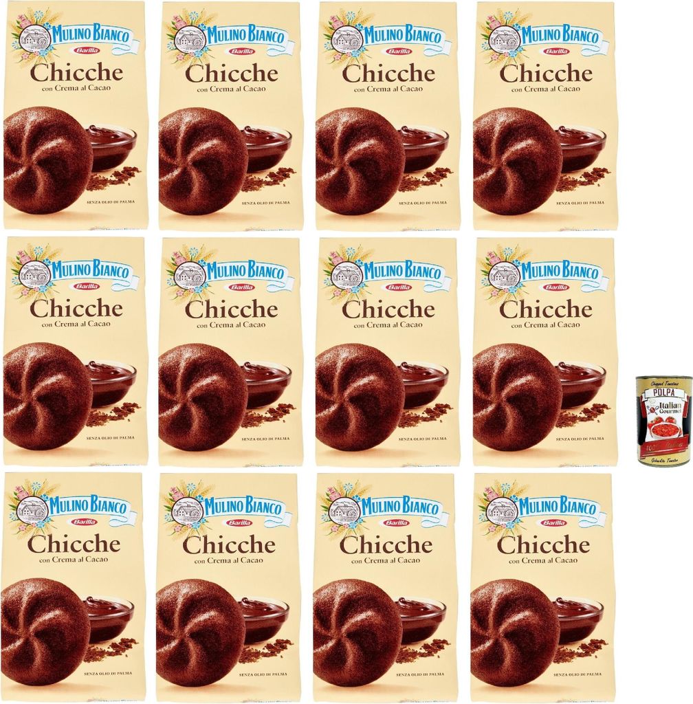Mulino Bianco Chicche kakao, Biscotti Con Crema Al Cacao, Kakaocreme Kekse, biscuits cookies, 12x 200g + Italian Gourmet polpa 400g