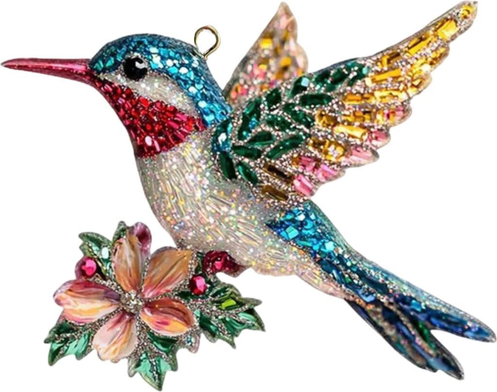 Kolibri-Weihnachtsbaumschmuck mit Glitzer-Strasssteinen, floraler Kolibri-Anhänger für den Weihnachtsbaum, 2D-Acryl-Erinnerungsstück, Geschenk f...