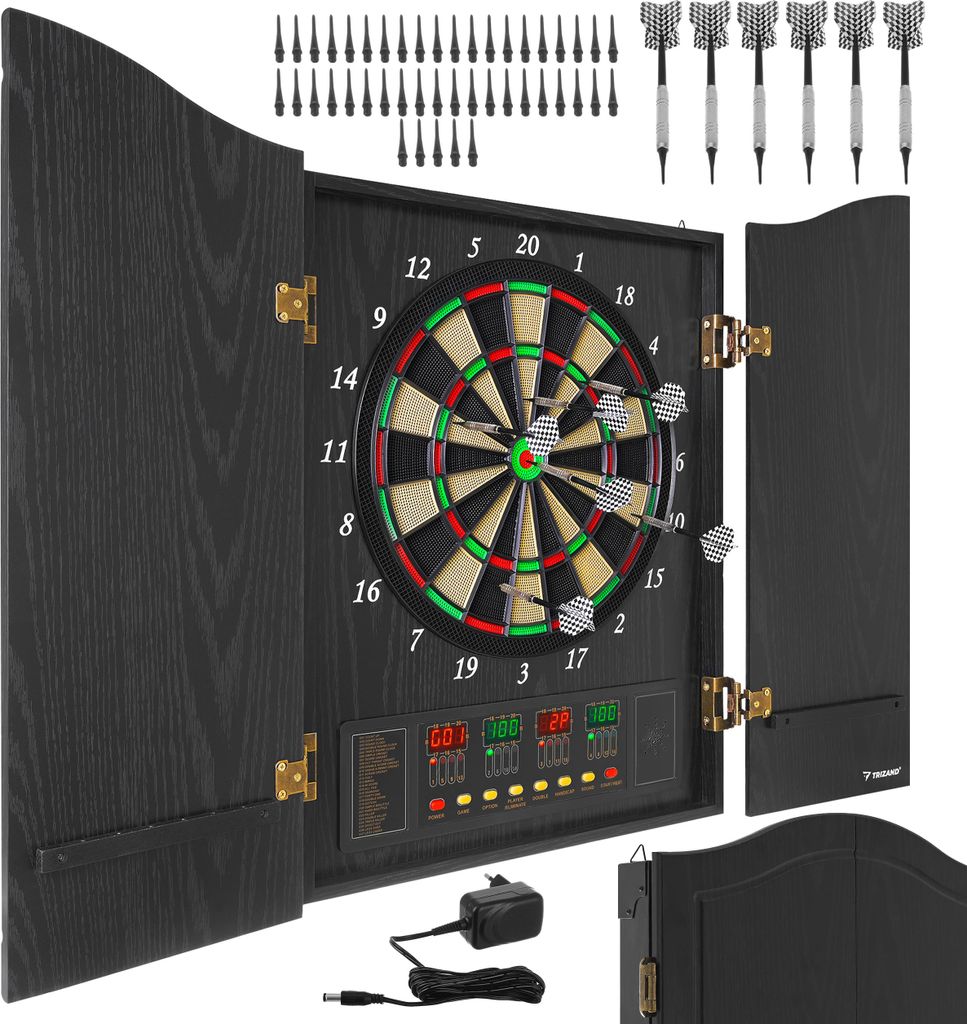 Elektronische Dartscheibe TRIZAND – 27 Spiele, 243 Spielvarianten, für 1–16 Spieler, LED-Anzeige, Soundregelung, Dartboard Set Schwarz