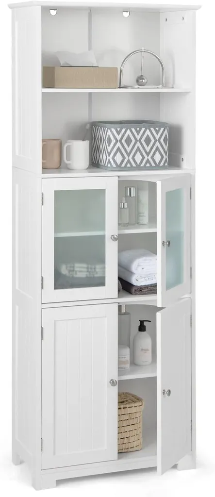 Meuble de rangement blanc à étagères modulables et 4 portes battantes