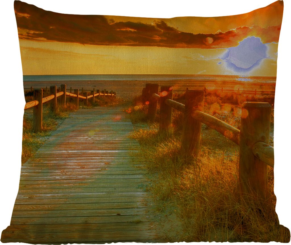 MuchoWow Outdoor Kissen - Sonne - Strand - Düne - Horizont - Gras - Weg - Orange - 60x60 cm - Wetterfest - Lounge Kissen - Dekoration - Schlaf K...