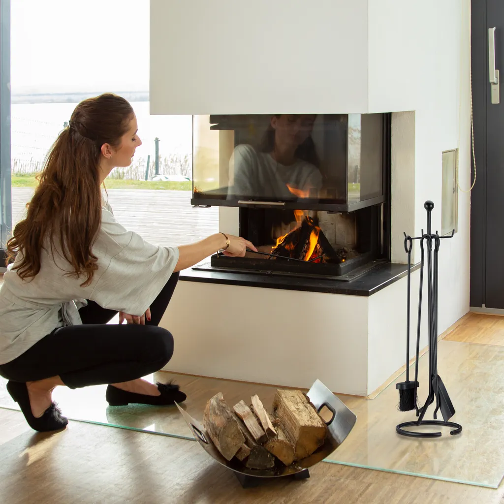 Serviteur de cheminée design avec 5 accessoires indispensables noir mat - 2