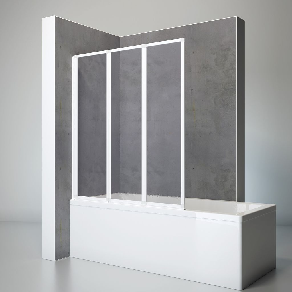 A white bathtub with a 3-panel folding shower screen installed.