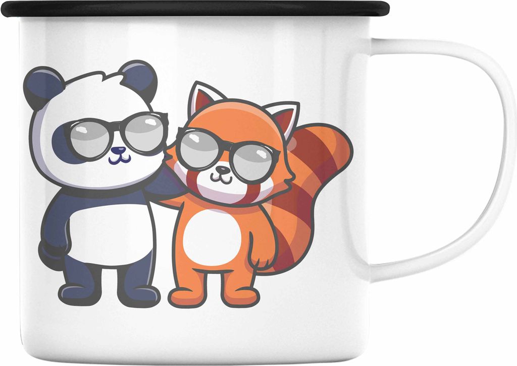 Trendation - Freunde Roter Panda Emaille Tasse Musik Kinder Geschenkidee für Jungs Mädchen Lustige Grafik (Schwarz)