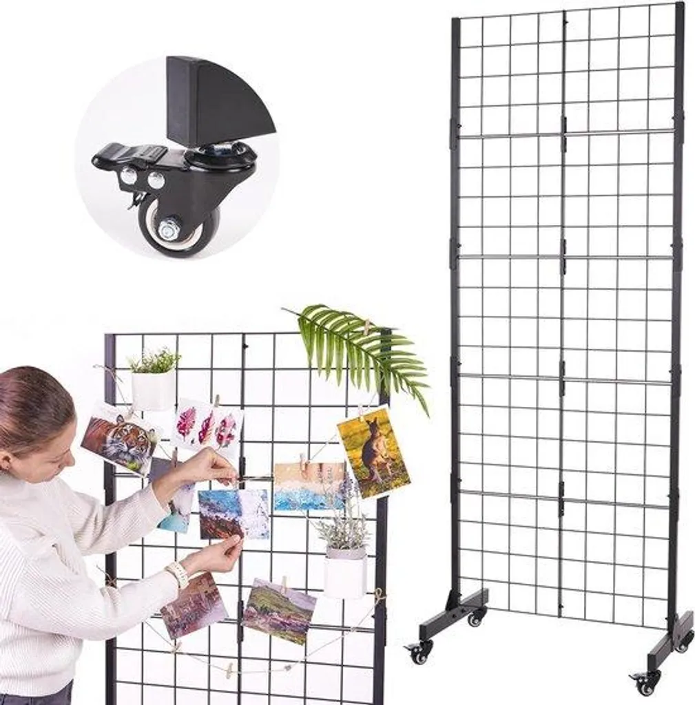 Panneau Grille Mural Noir Peu Encombrant et Transportable sur Roulettes