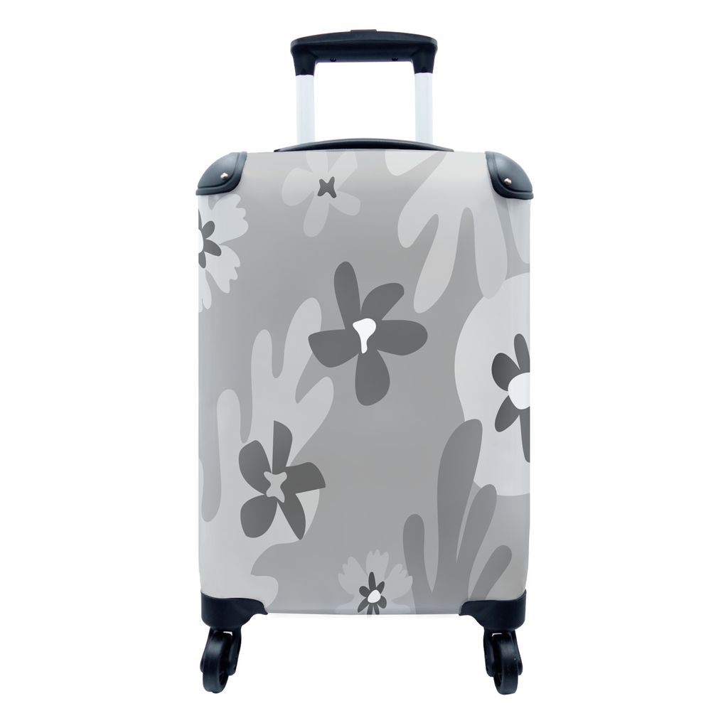 MuchoWow Koffer Handgepäck Trolley Rollkoffer Kleine Reisekoffer mit 4 Rollen - Hintergrund - Blumen - Schwarz - Weiß - Cabin Size < 55x40x23 c...