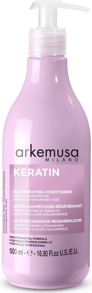A product shot of a bottle of Arkemusa Keratin Regenerating Conditioner.