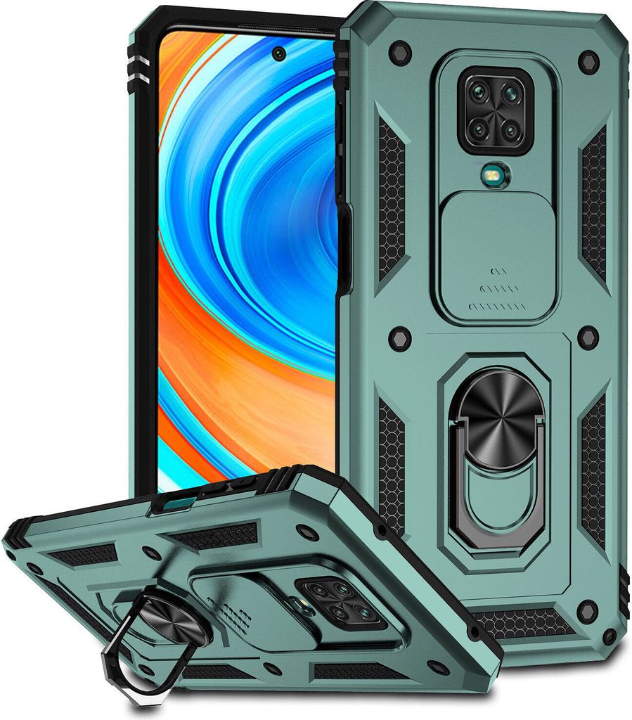 Redmi Note 9 Pro Hülle mit Schiebe Kamera Schutz und Ringhalter Ständer Robust Rüstung Schutzhülle für Xiaomi Redmi Note 9S/9 Pro/9 Pro Max Grün