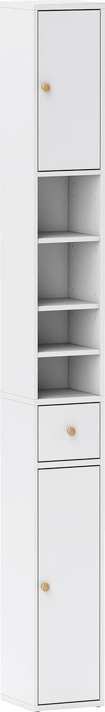 Weißer Hochschrank fürs Badezimmer mit offenen und geschlossenen Fächern, schlankes Design, praktische Aufbewahrung