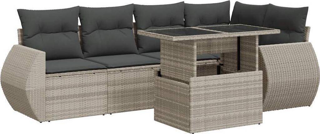 7-tlg. Garten-Sofagarnitur mit Kissen Hellgrau Poly Rattan