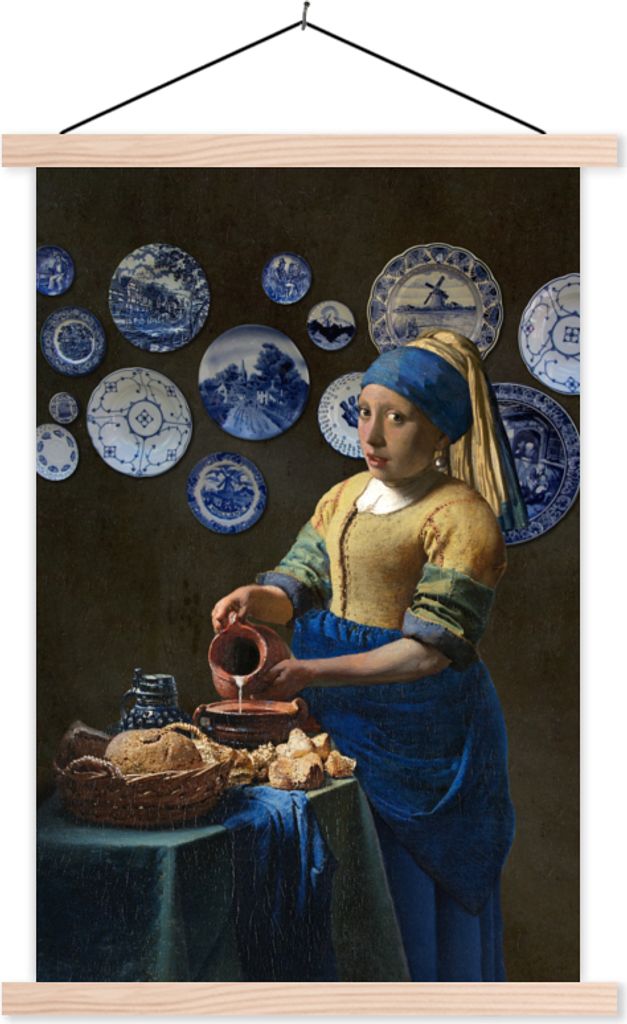 MuchoWow Textilposter Milchmädchen - Mädchen mit Perlenohrring - Delfter Blau 60x90 cm mit holzfarbenen Rahmen - Textil