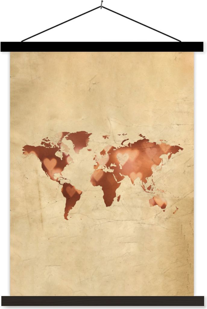 MuchoWow Textilposter Weltkarte - Herz - Braun 120x160 cm mit schwarzem Rahmen - Magnetischer