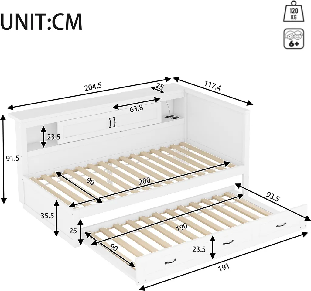 Lit Simple 90x200 cm Connecté avec LED et Prises USB Intégrées
