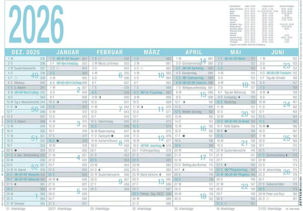 Zettler Arbeitstagekalender grau/türkis A4 2026 - Bürokalender 30 × 21 cm, 7 Monate pro Seite inkl. Dez. 2025 & Jan. 2027, Arbeitstage-, Tages- ...