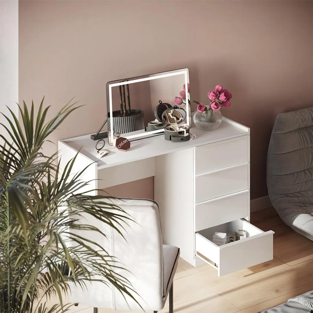 Table maquillage blanche 110cm Vicco 4 tiroirs - Solution rangement beauté