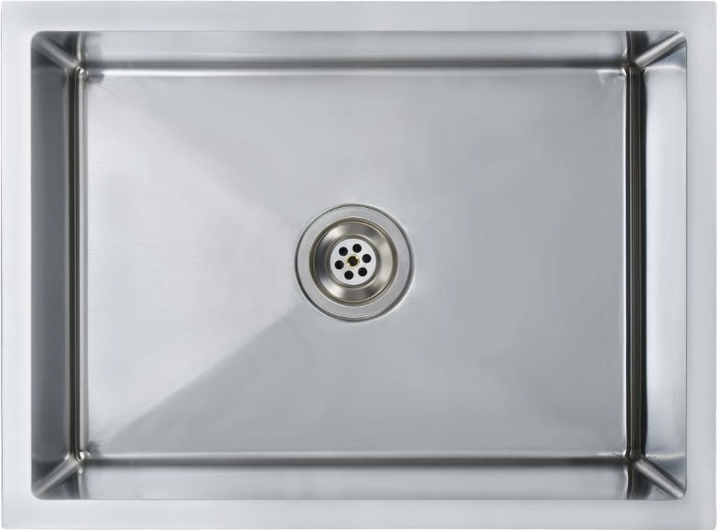 A top-down view of a stainless steel kitchen sink with a drain in the center.